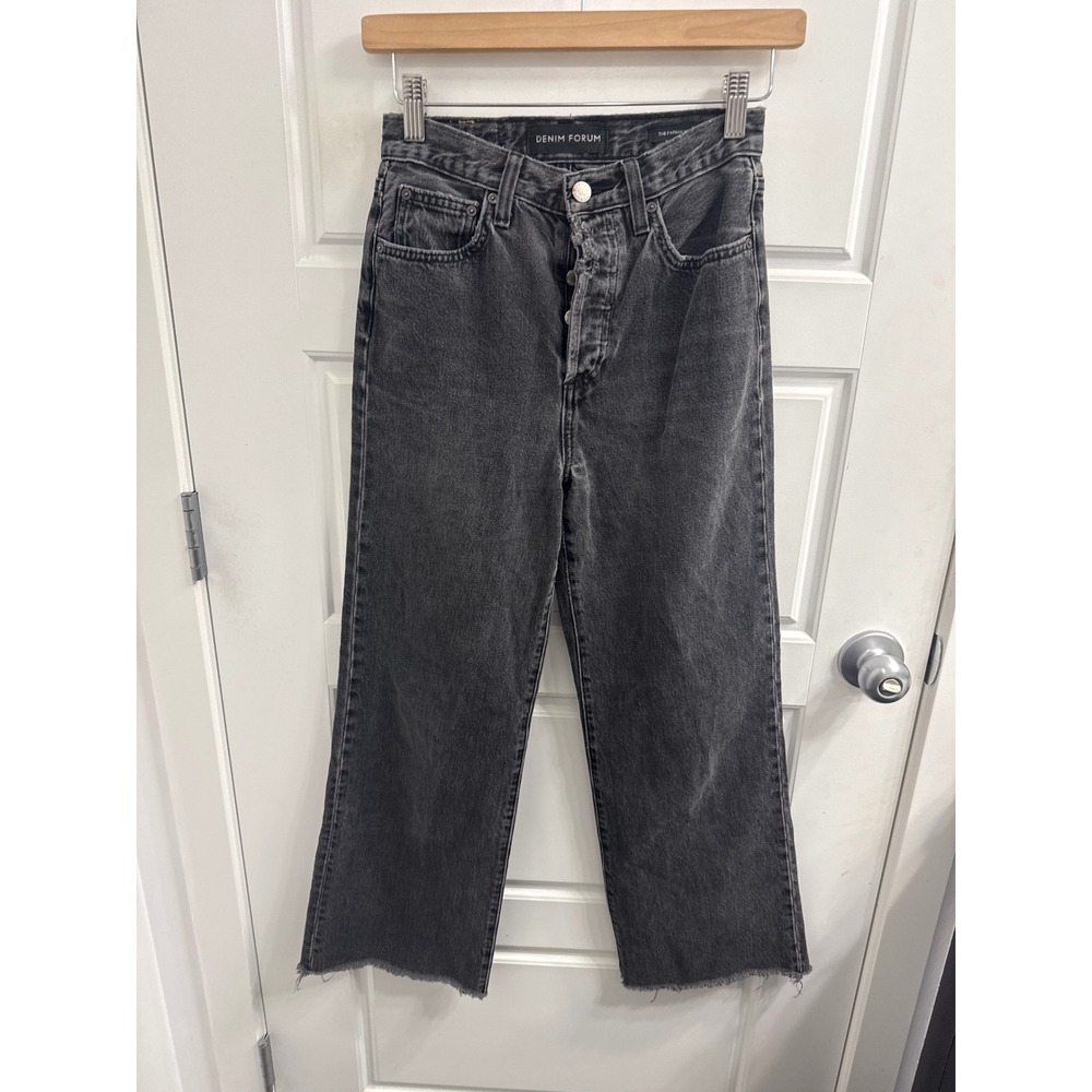 Denim Forum The Farrah High Rise Wide Leg Jeans 25 Washed Black Grey Raw Hem